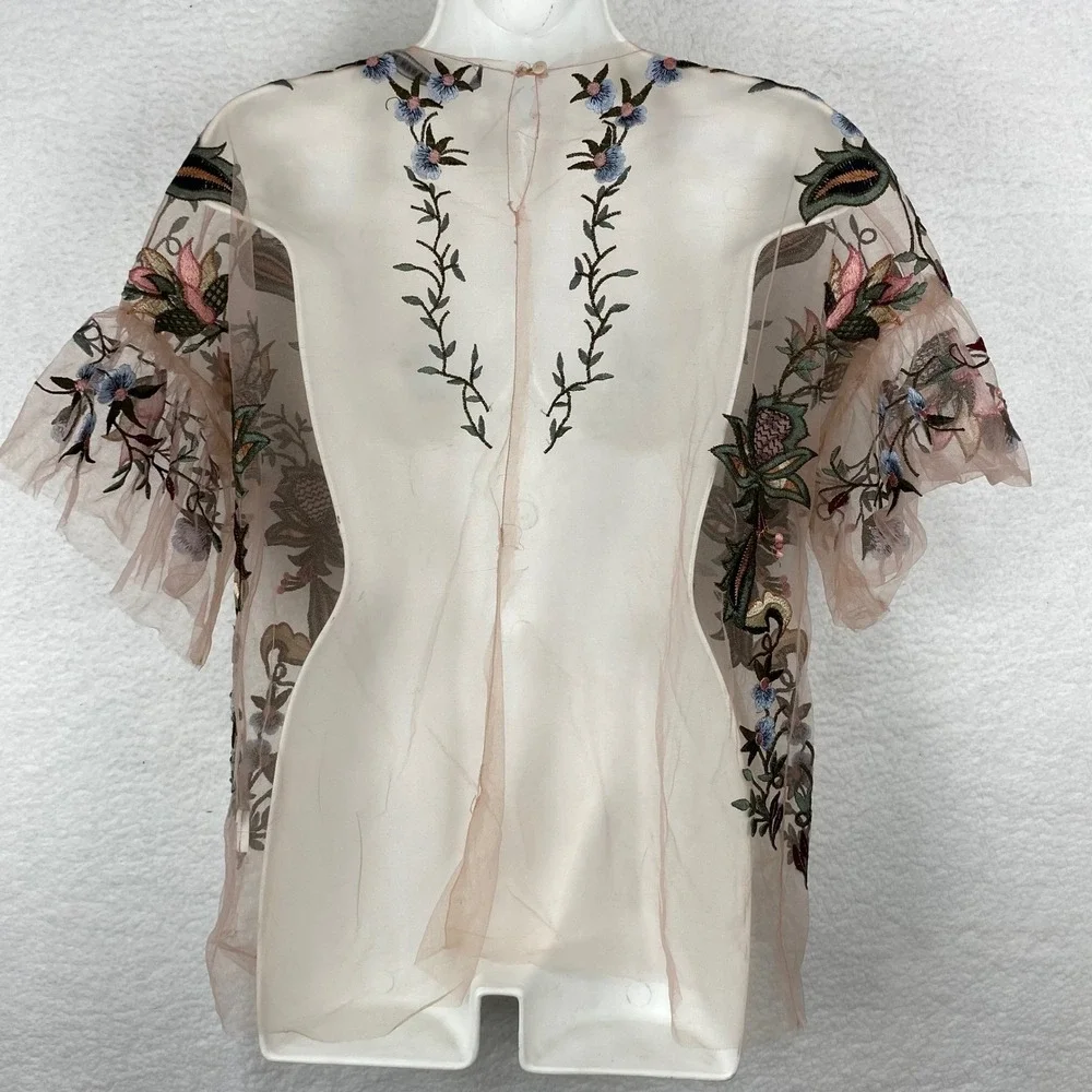 Zara Woman Pink Mesh Floral Embroidered Sheer Short Flutter Sleeve Top Small - Picture 3 of 8